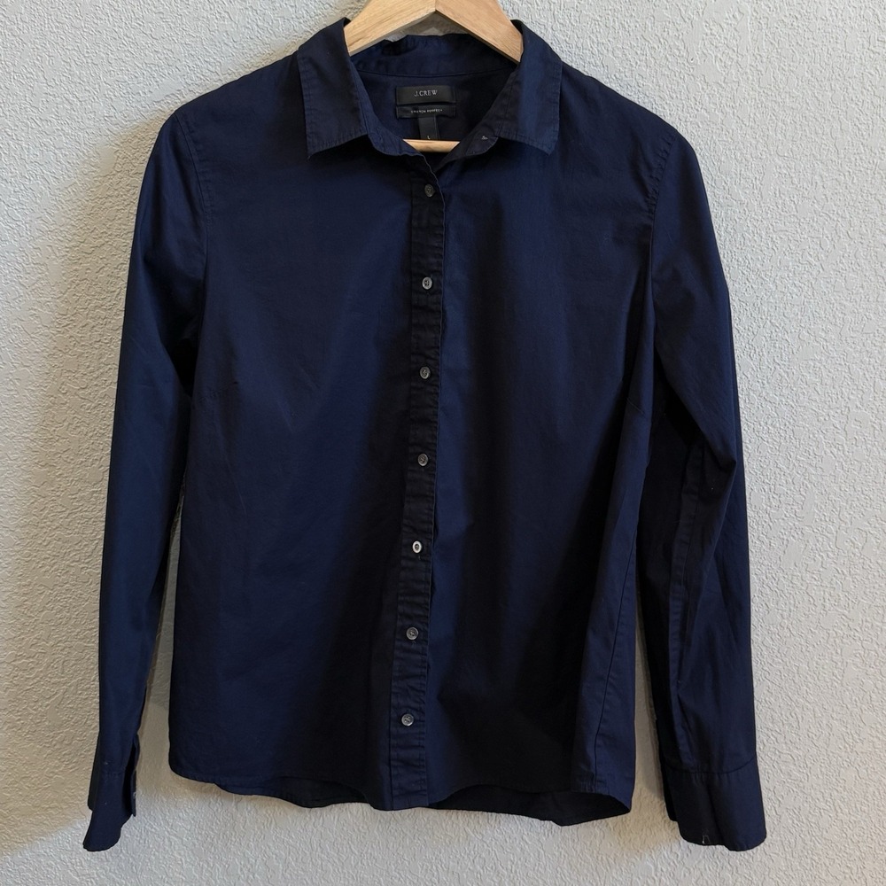 J.CREW Stretch Perfect Button Up Shirt Long Sleeve Navy Women's L